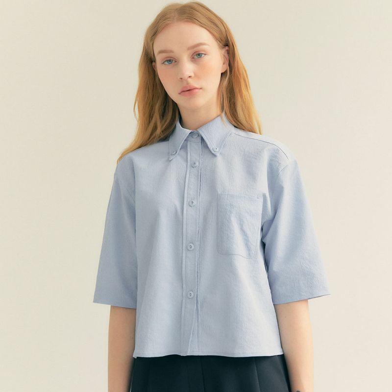 FREIHEIT(フライハイト)の「Stripe Wrinkle Pocket Crop Shirt (Light blue)(Tops)」