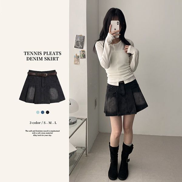 hijjoo（ハイチュー）の「Vintage Washing Belt Pleated Denim Skirt Pants（Skirts）」