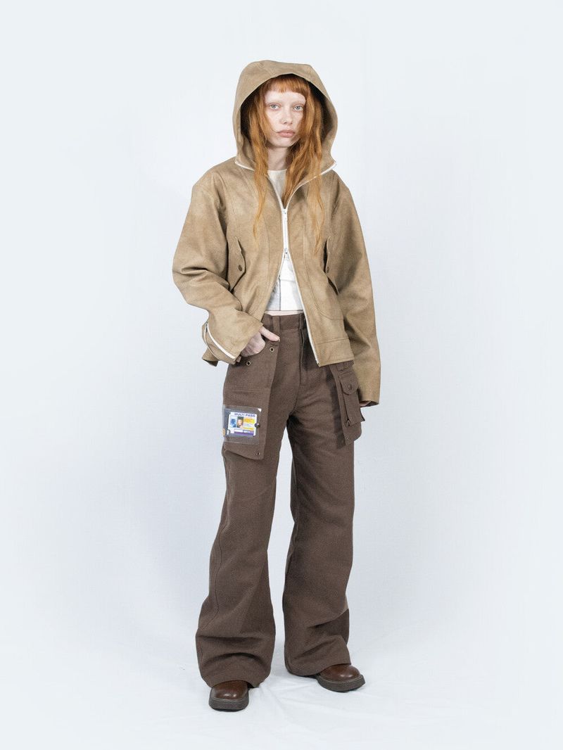 Curved Hood Leather Jacket (Beige)