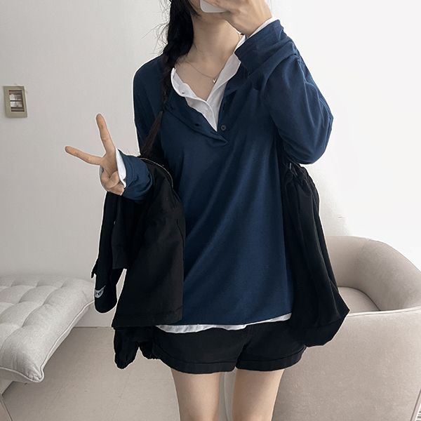 Layered * Henry Neck Layered Bow Long Sleeve Tee (8 colors)