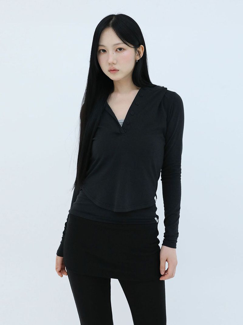 SLIM LONG BUTTON HOODIE TOP(BLACK)
