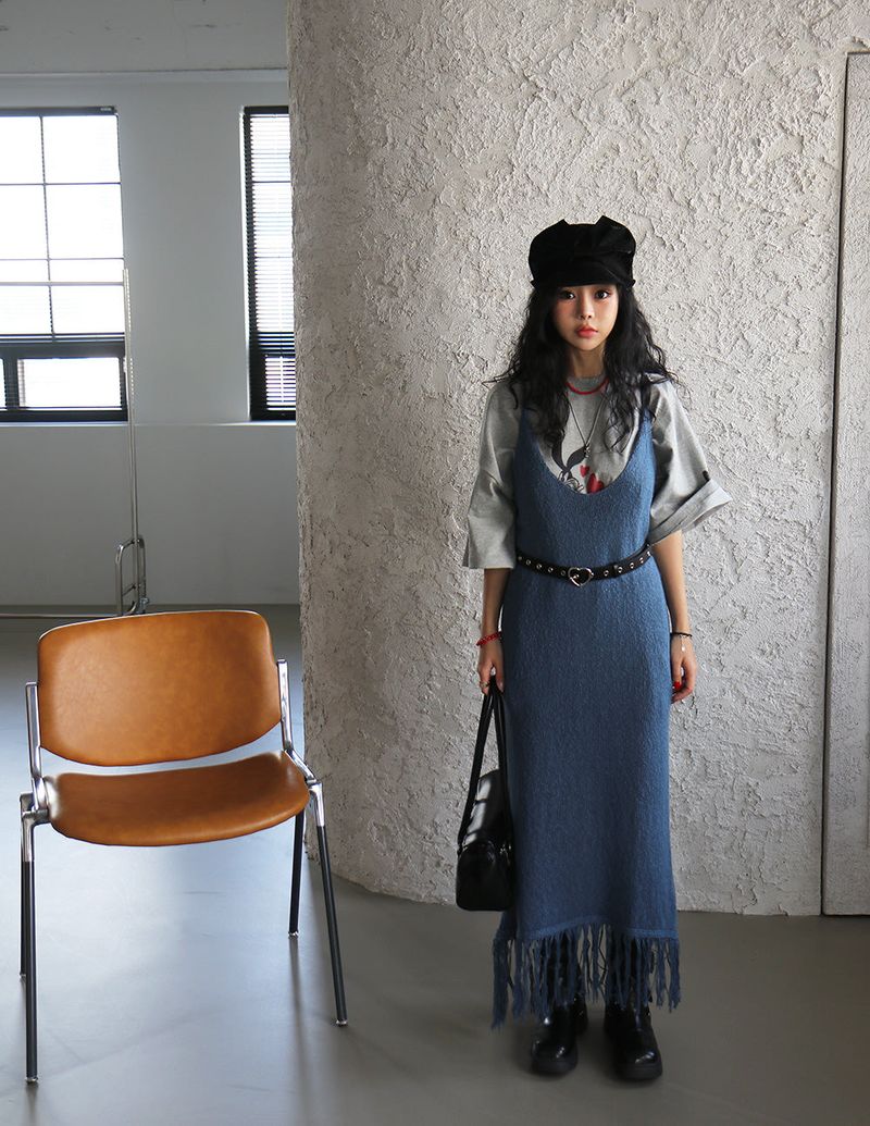 knit fringe bustier long dress