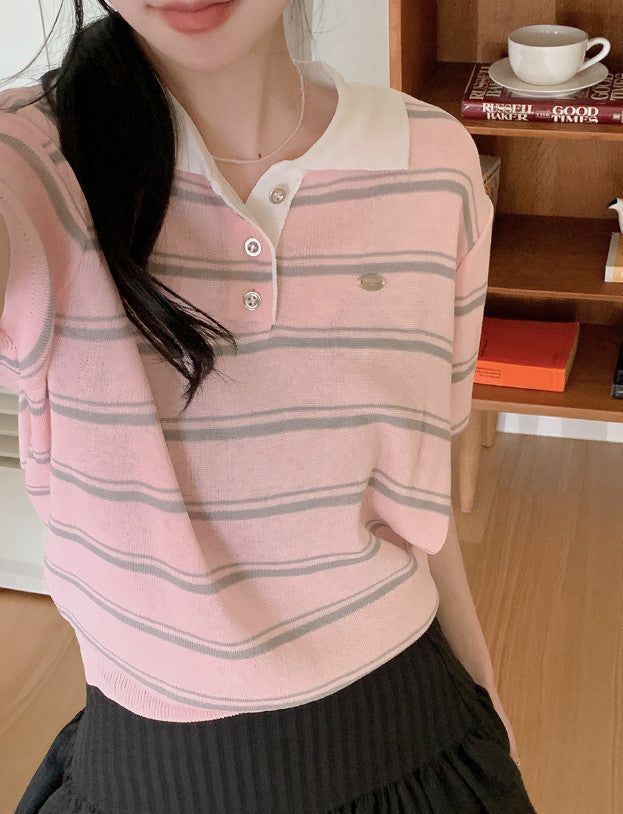 Border Collar Button Short Sleeve Knit (4color)