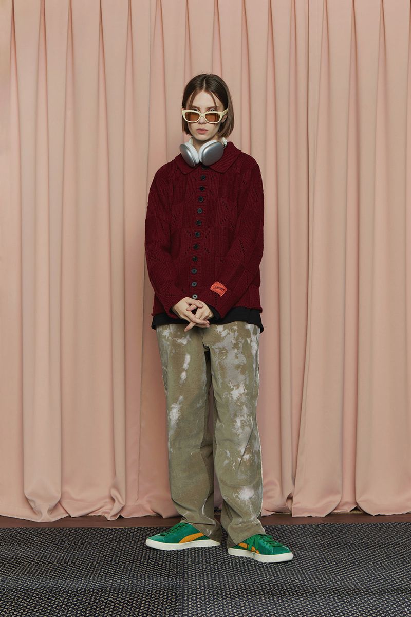 BUTTON ARGYLE KNIT JACKET / WINE