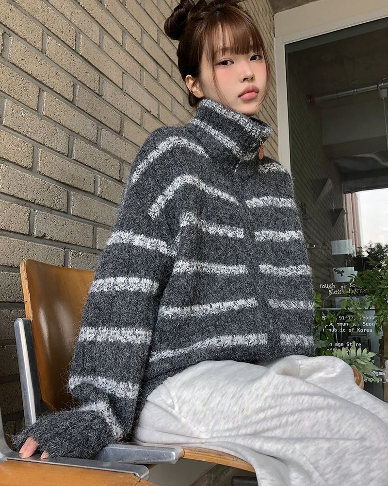 Boyu Striped Mohair Zip-Up Knit Cardigan