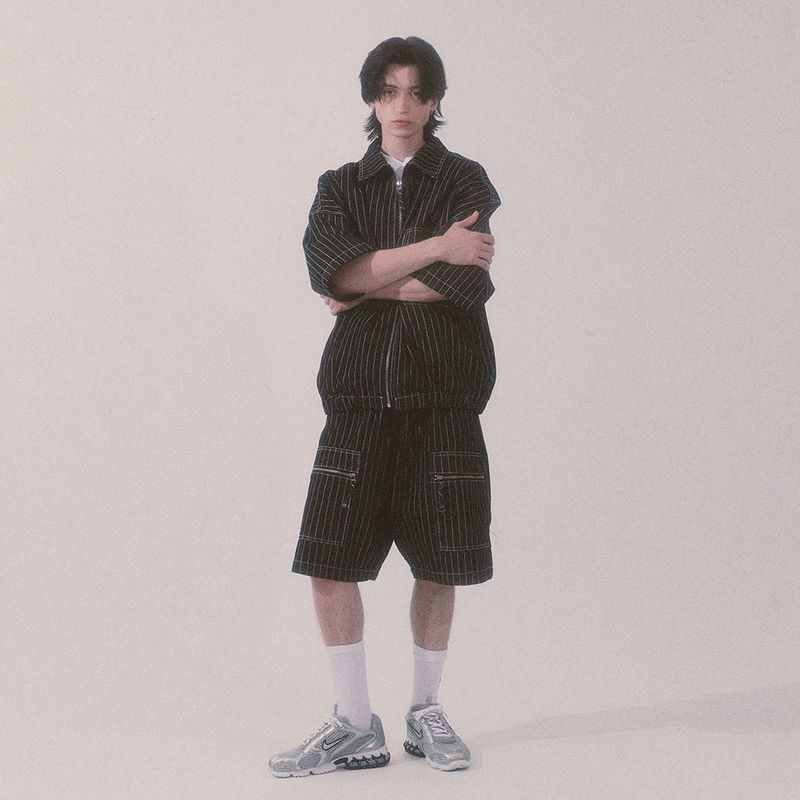 stripe denim shorts_black