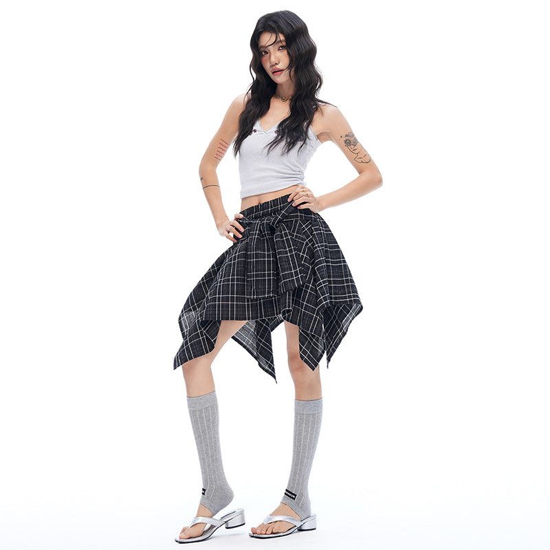 Vintage Check Ribbon Wrap Mini Skirt Pants