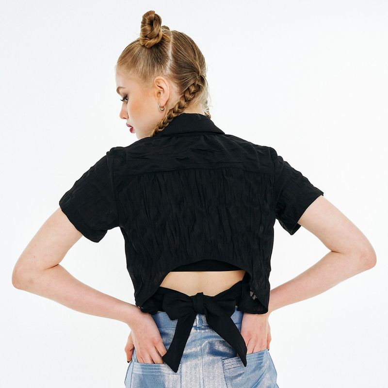 Back Open Ribbon Strap Shirt [Black]