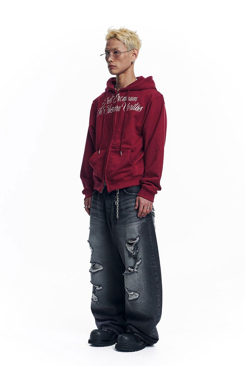 Distressed Curved Denim Pants - Black