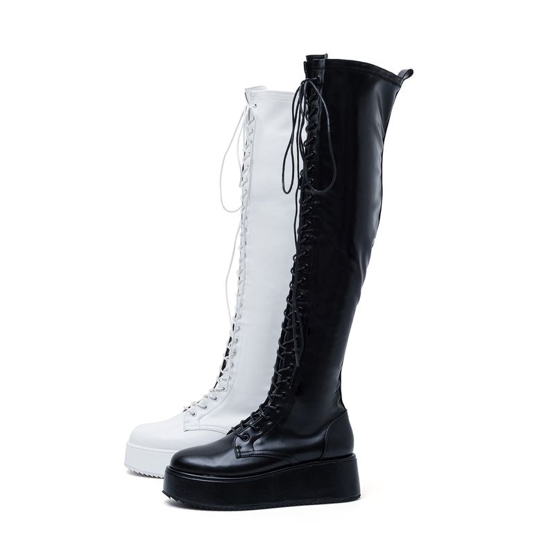 Platform Lace-Up Long Boots(Black)
