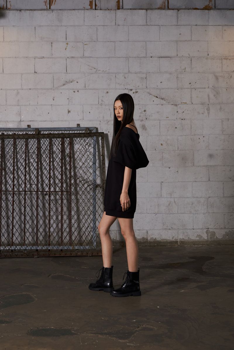 2Way Big Hood Off-Shoulder Mini Dress - Black