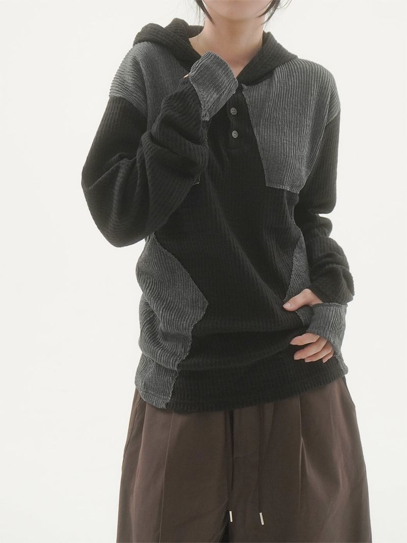 Woksta henley neck finger hole hood knit -3C