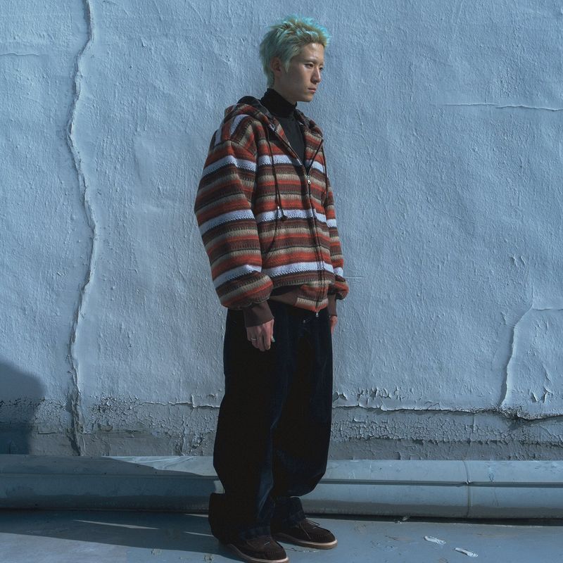 Wool fleece hooded zip-up jacket / Orange brown