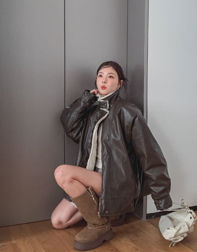[Mink lining] Catch leather high neck half coat