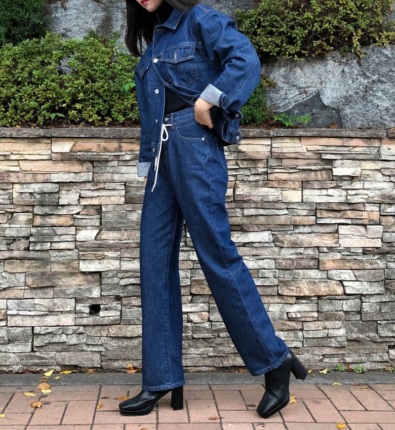 LOOSE FIT BACK LABEL POINT DARK DENIM JACKET [17707]