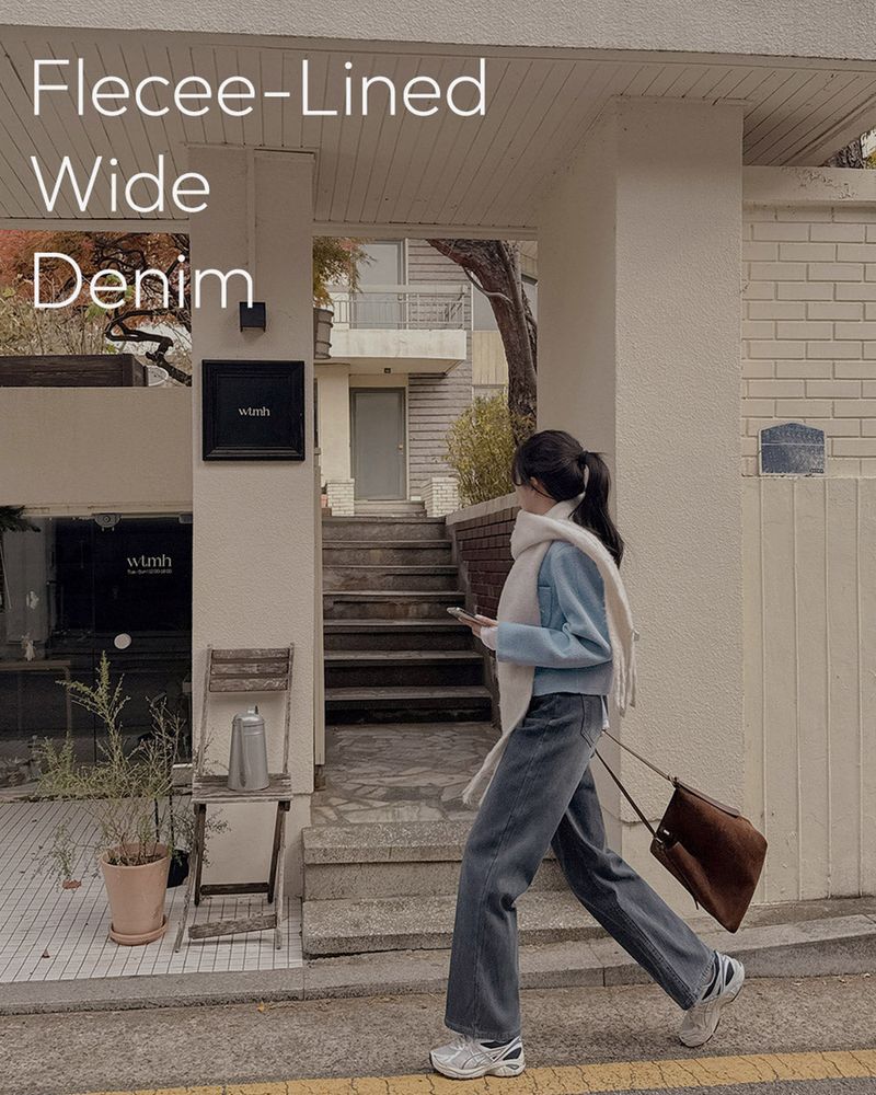 Fleece wide denim pants