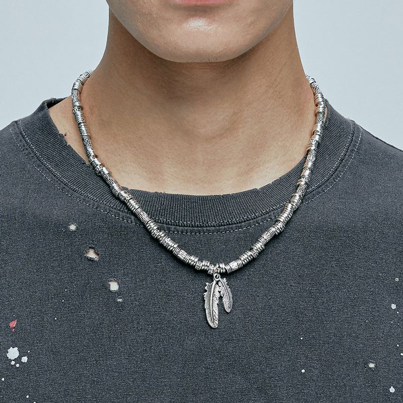 feather & antique silver beads necklace