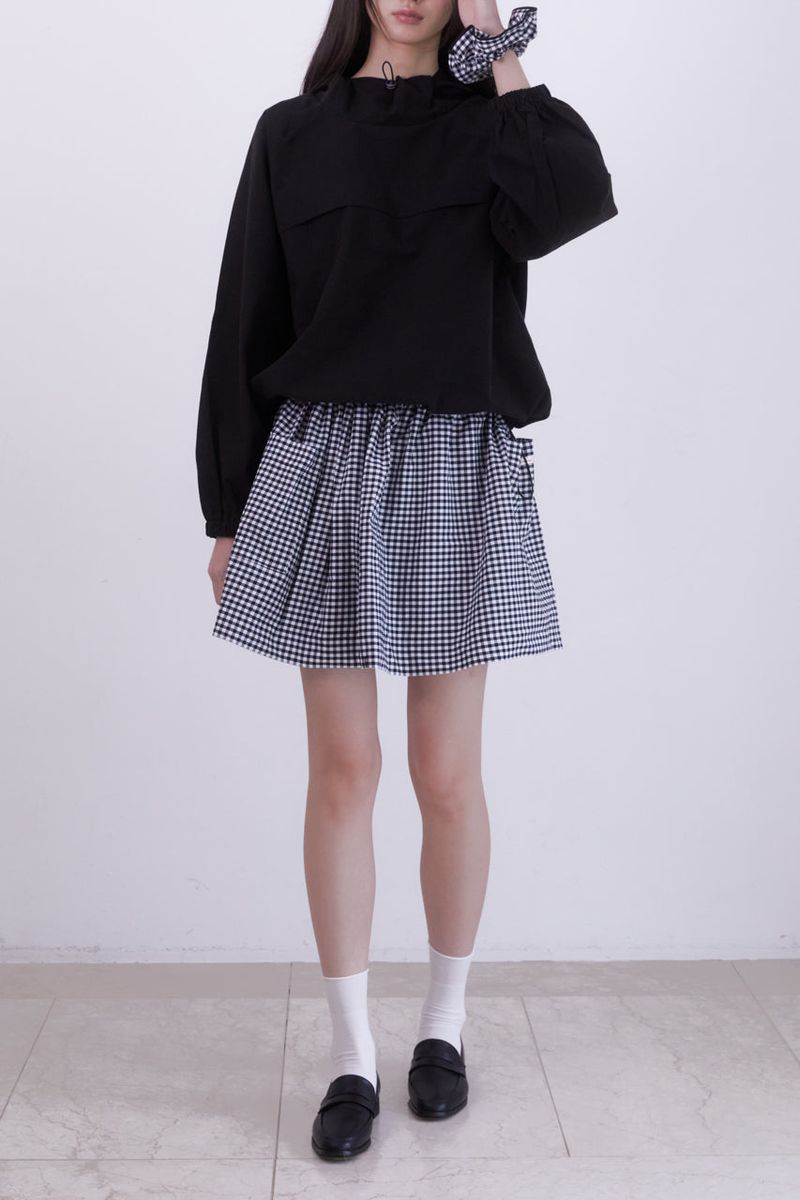 Gingham check pocket shirring mini skirt (BLACK)
