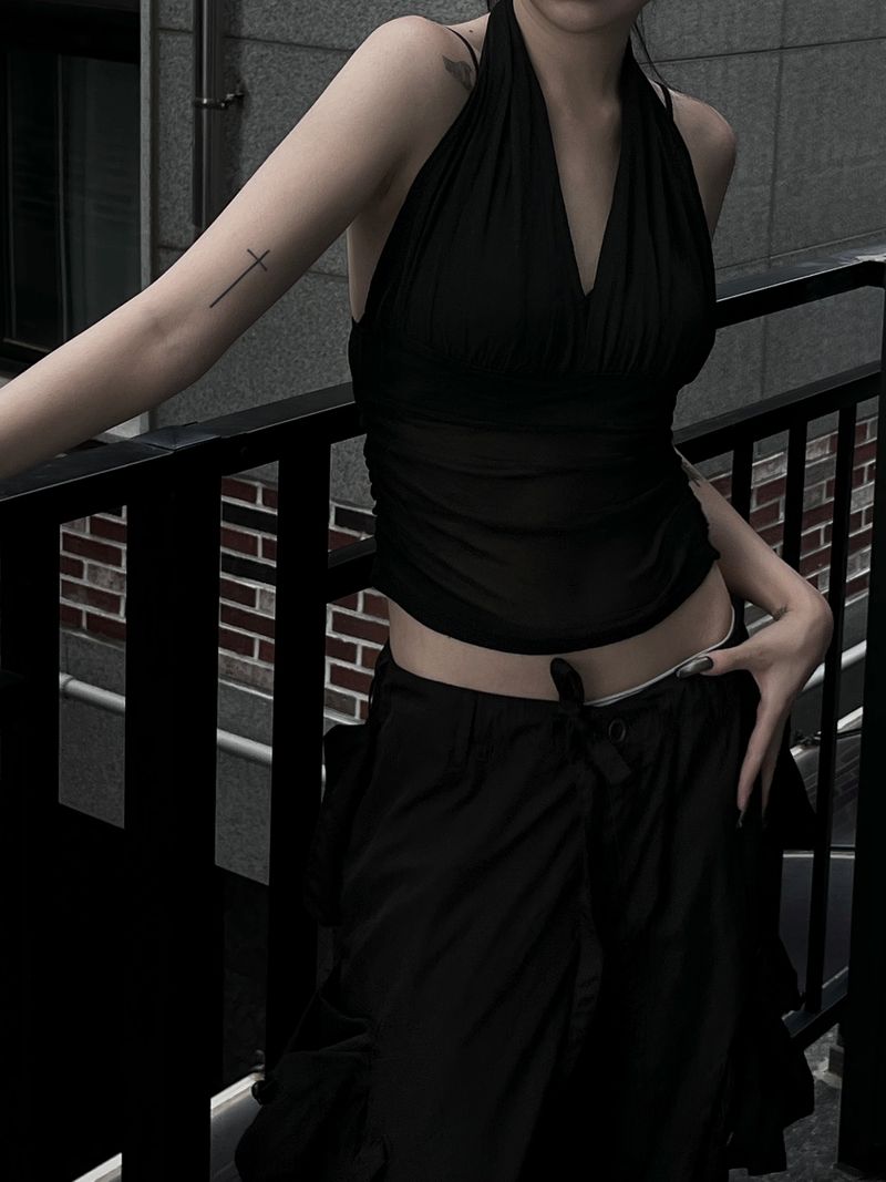 halterneck mesh shirring top
