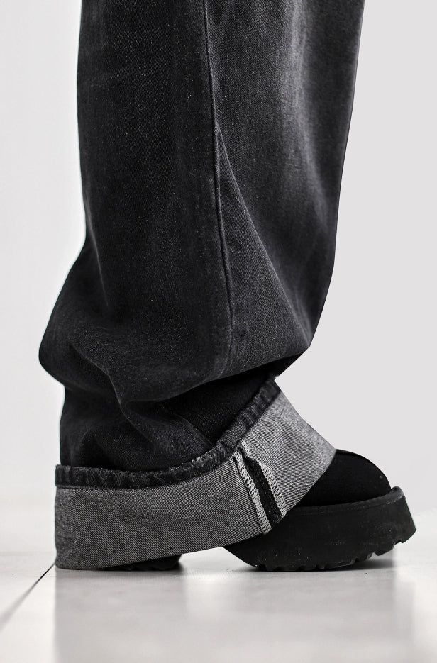 Cuffed cat washing denim pants