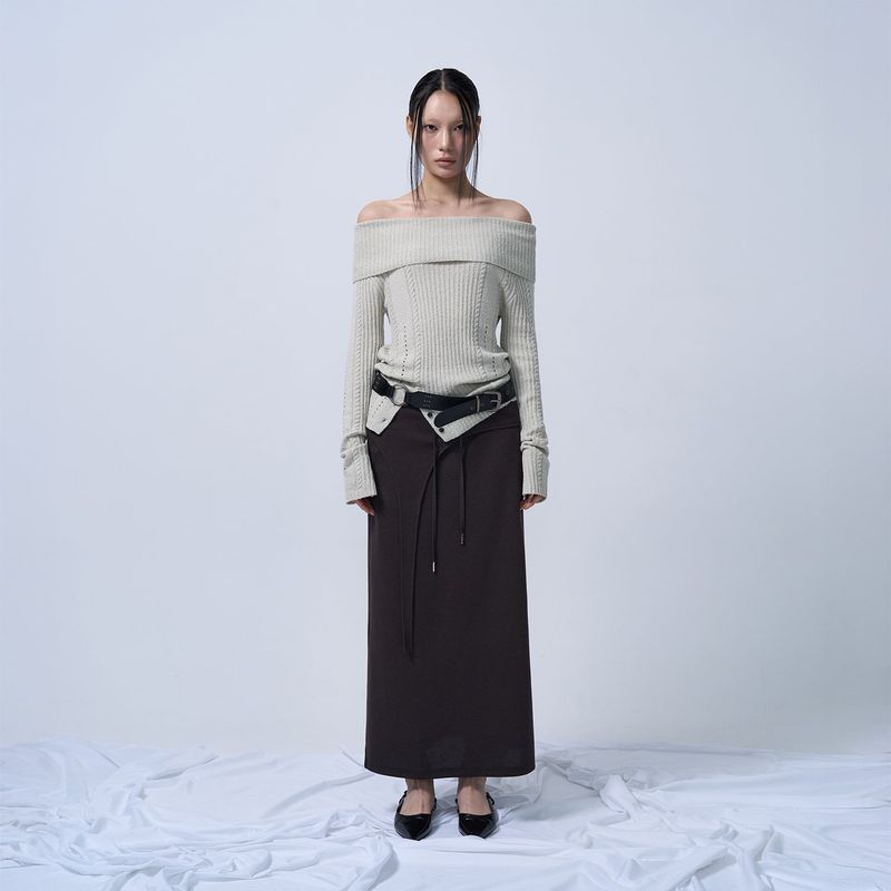 CUT-OUT MAXI LONG SKIRT (DEEP BROWN)