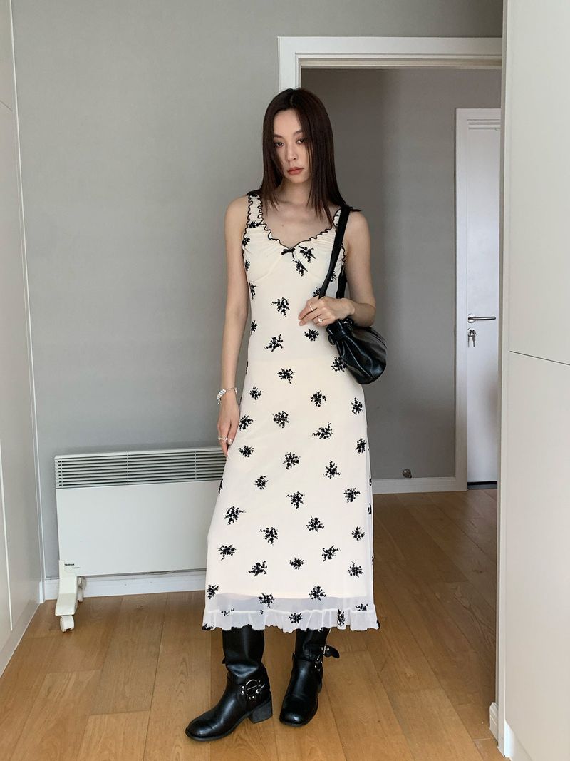 Beige Black Flower Long Dress