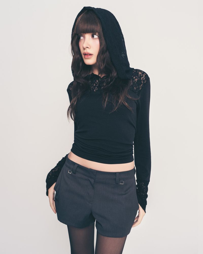 button lace hoodie top long ver. / black