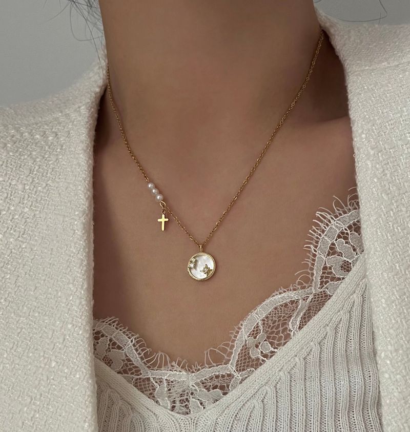 stv Moon Star Freshwater Pearl Stainless Steel Coin Layered Long Short Necklace