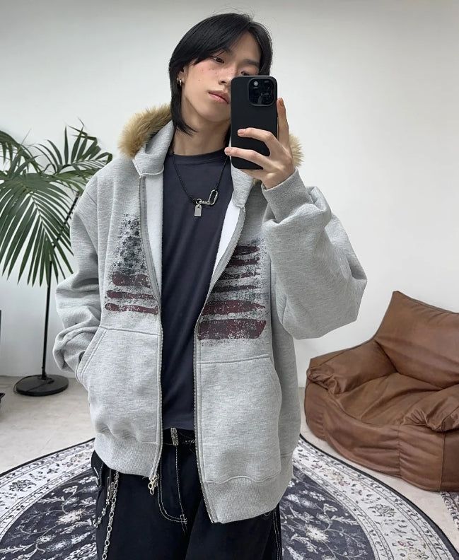 SATIIIZ（サティーズ）の「Rain Flag Fur Brushed Hood Zip-Up（Tops）」