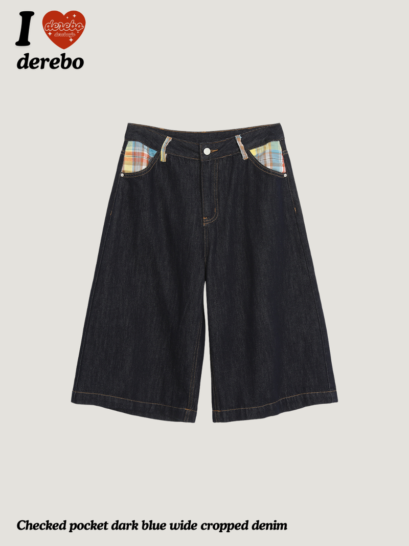 Checked pocket dark blue wide cropped denim