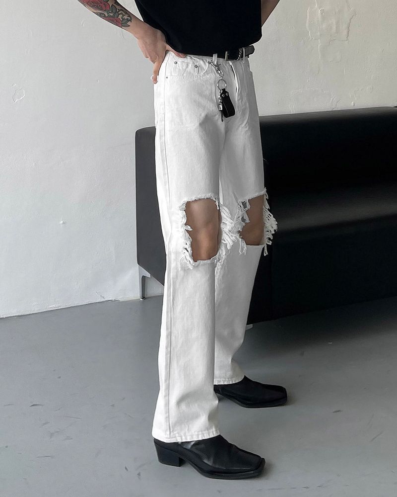MZ234 Knee Dismiss White Denim Pants