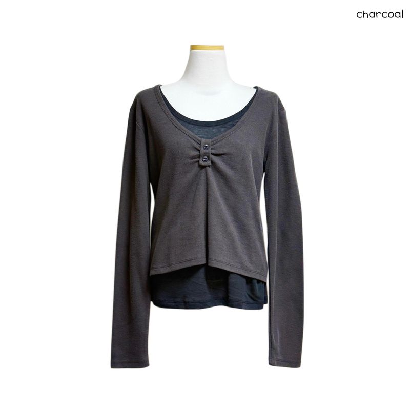(3color) Shirring Button Layered Wool Knit Tee