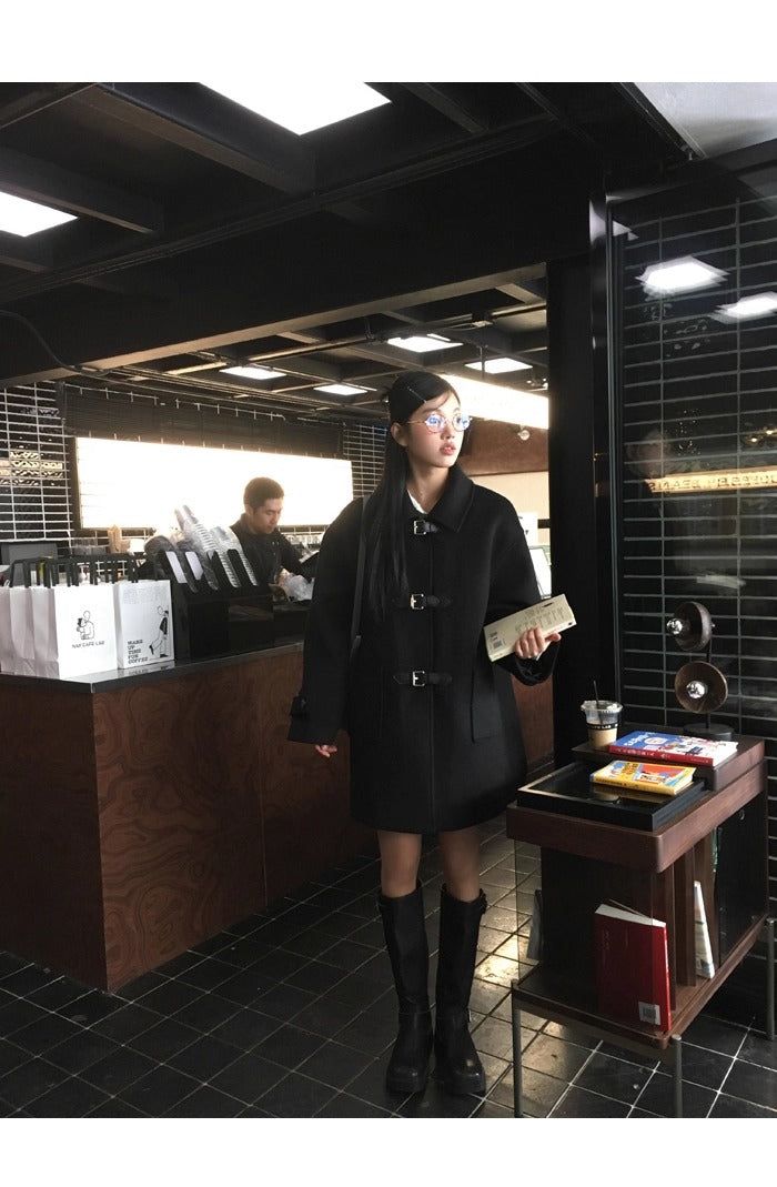 wool black collar buckle half coat