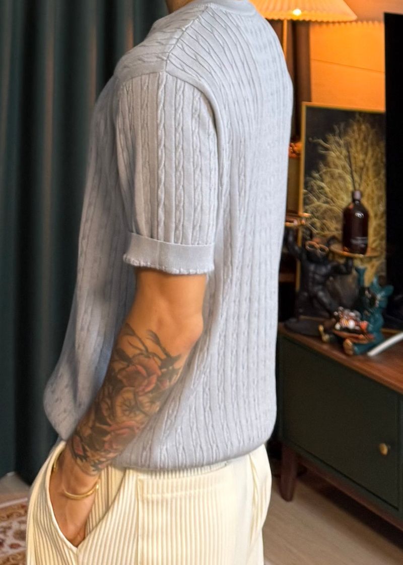 Cable Span Henley Neck Short Sleeve Knit 6COLOR