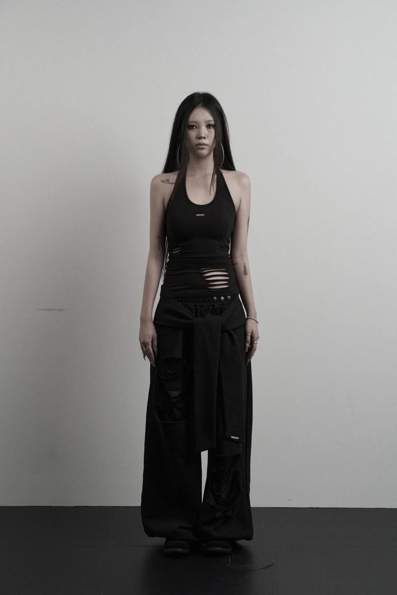 [label] layered tie damage wide pants (black)