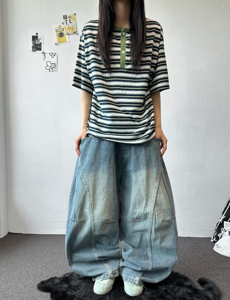 Yuria Cooling Stripe Henley Tee 3color