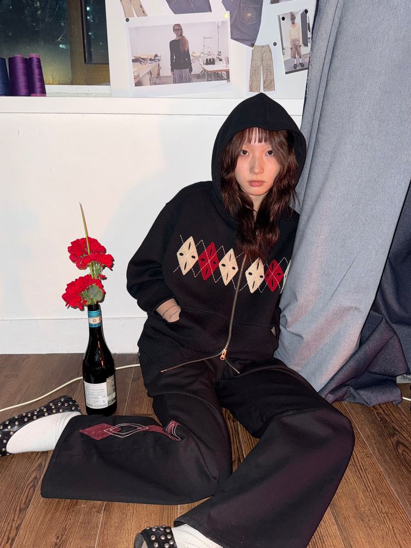 ブークレアーガイルニットジップアップパーカー_ブラック