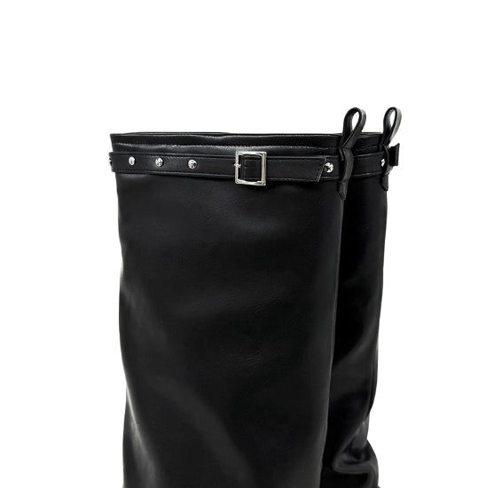 Stud Buckle Shirred Stiletto Long Boots