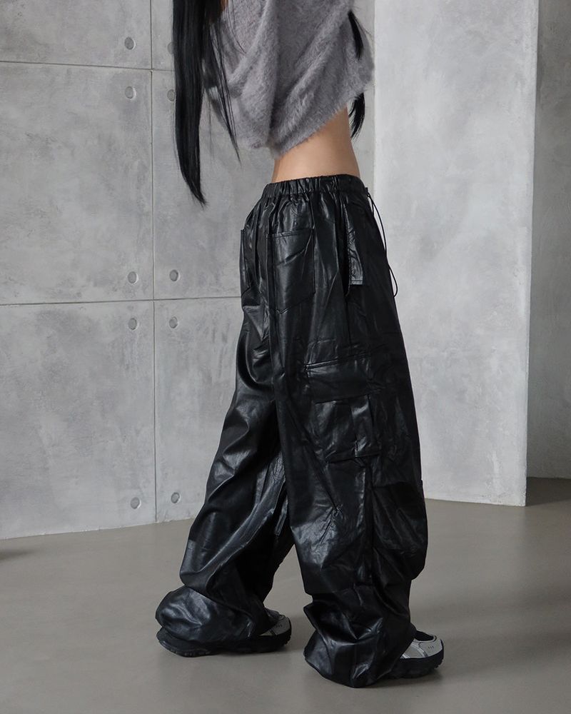leather cargo string jogger wide pants