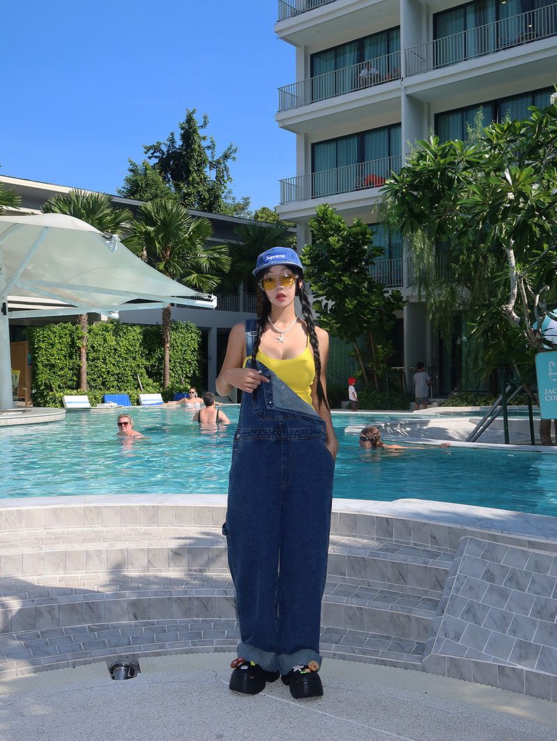 punted dark jeans overalls