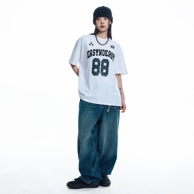 Lettering Wide Denim Pants - DEEP BLUE