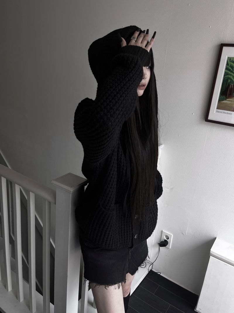 pocket waffle hood cardigan (unisex)