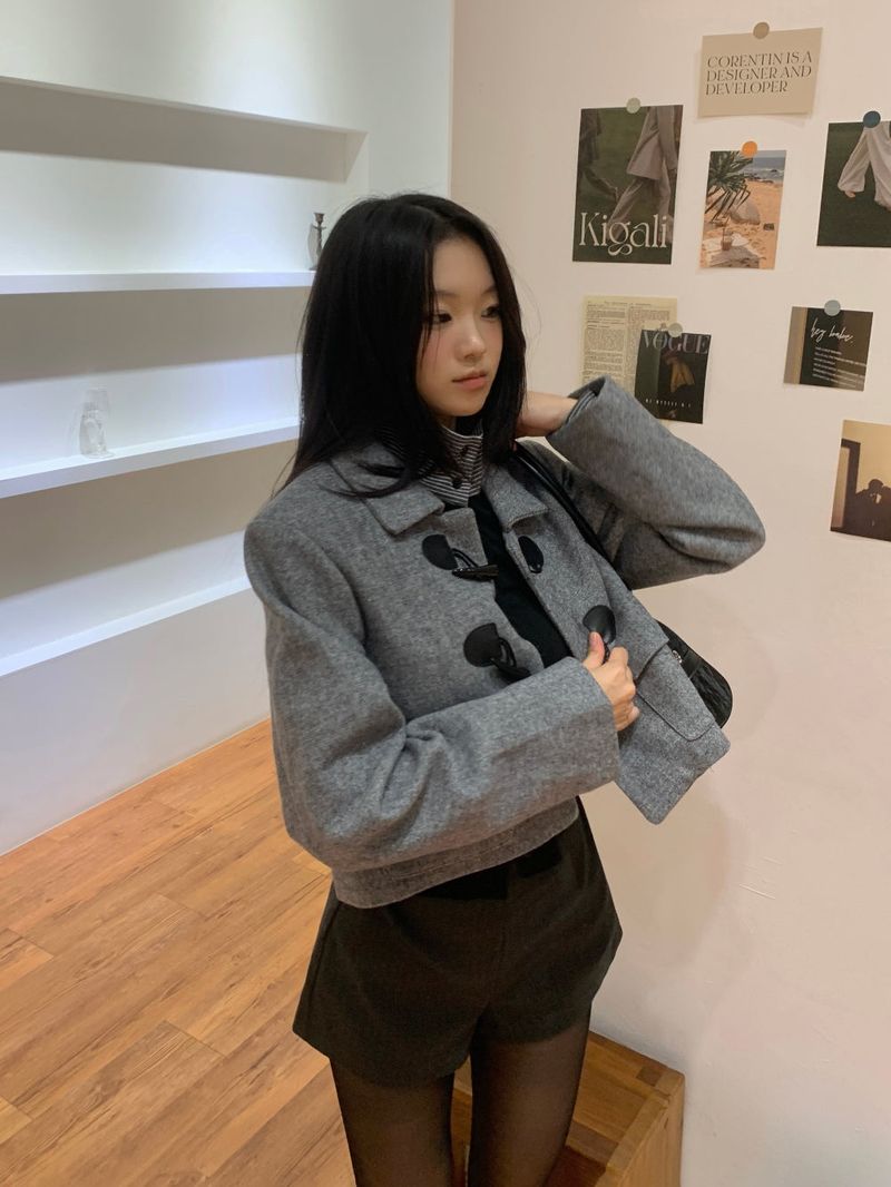 British Gray Duffel Button Quilted Crop Coat