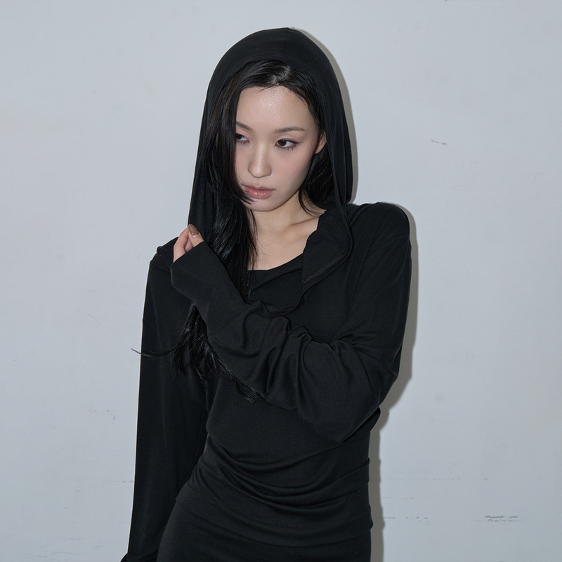 COWL HOOD DRAPE DRESS (BLACK)
