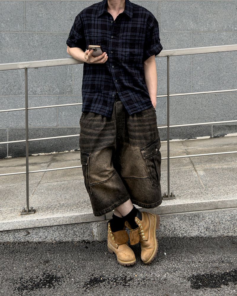 Embossed Texture Check Roll-Up Shirt