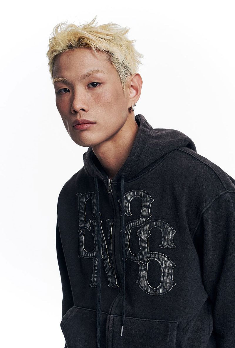 Washed Leather Patch Hooded Zip-Up - Black