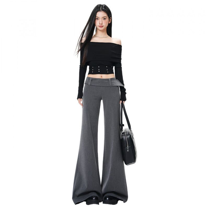 French Low-Waist Micro Flare Slacks – Tailored Slim Wide Casual Pants