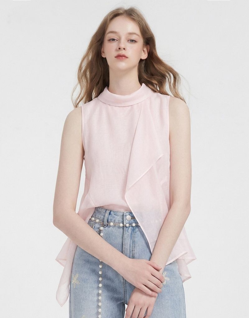 Lune High Neck Unbalance Drape Layered Sleeveless Blouse Pink