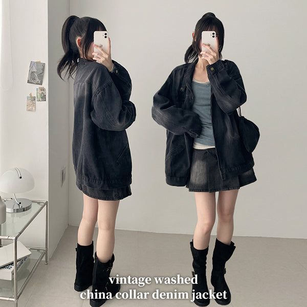 hijjoo（ハイチュー）の「Boxy Fit* Vintage🤎Washed High Neck Denim Zip-Up Jacket（Jackets/Outerwear）」