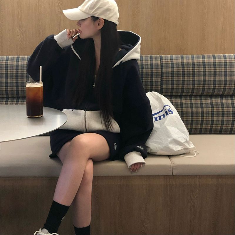 [BELLIDE MADE] two-tone coloring wool boxy hooded zip-up